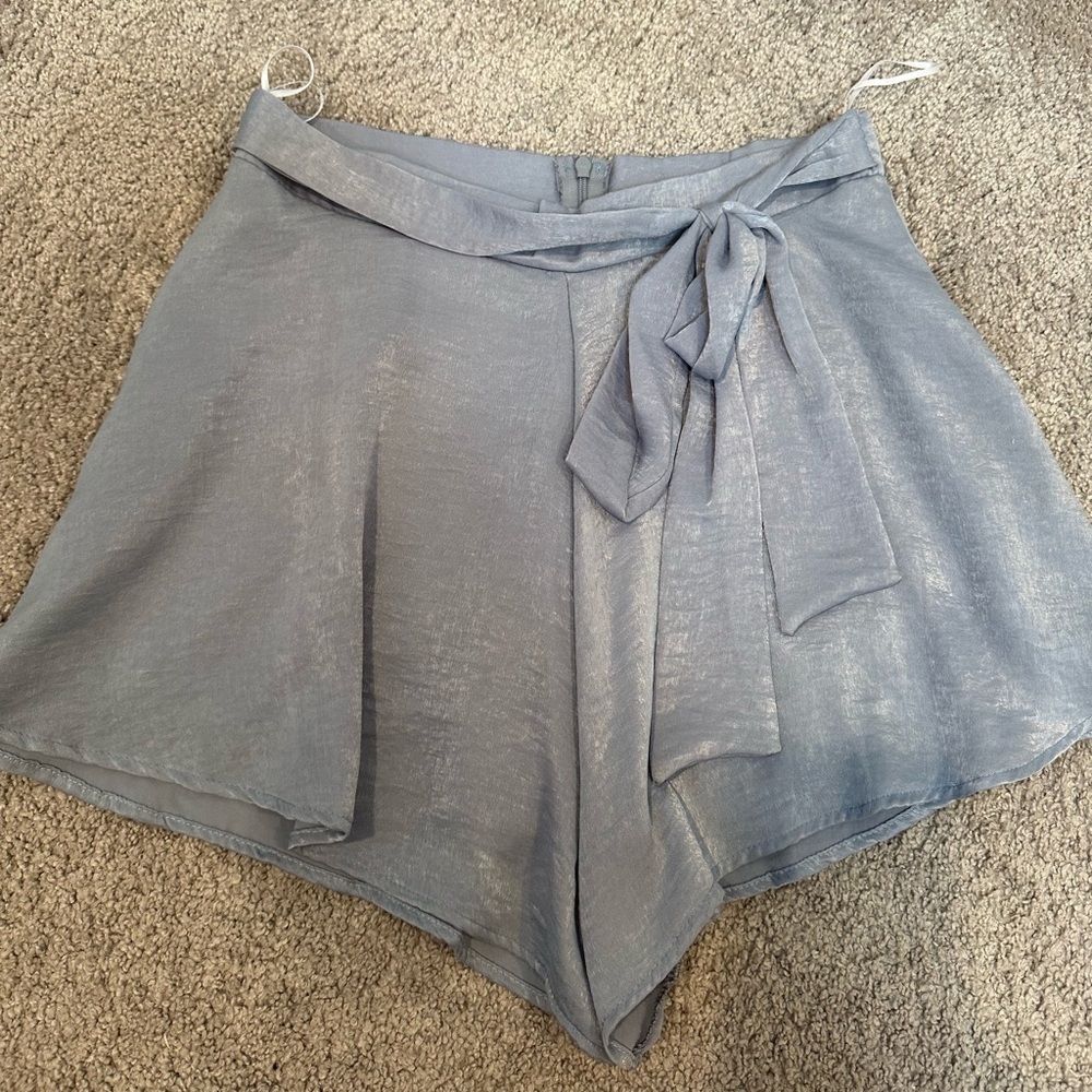 Sage brand Baby Blue satin high waisted belted shorts. Size medium.